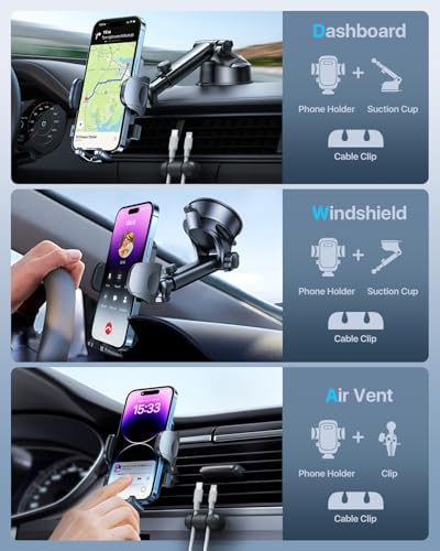 Military-Grade Universal Car Phone Holder – Enhanced 2025 Suction & Clip Technology for i Phone 16 Pro Max, 15 & Samsung – Adjustable Dashboard, Windshield, Air Vent Mount for Optimal Viewing & Safety – Durable Black Design for Secure Smartphone Access