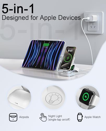 Ultimate 5-in-1 Magnetic Wireless Charging Hub for Apple Devices – Fast 15 W Charging Station with Adjustable Night Light for i Phone 16/15/14/13/12, Apple Watch, and Air Pods – Eco-Friendly, Travel-Ready Design with Advanced Safety Features and 360° Viewing Angles – Complete with Adapter and USB-C Cable