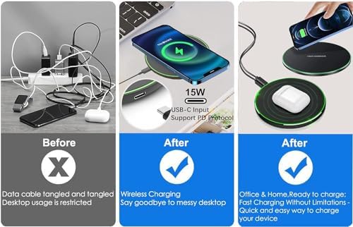 Effortless 15 W Fast Wireless Charging Pad for Samsung Galaxy & i Phone – Qi-Certified Charger with USB C OTG Adapter for Optimal Compatibility and Speed – Sleek & Portable Phone Accessory for Home, Office, or Travel – Built-in Safety Features for Overheat Protection – Ideal for S23/S22/S21/S20/S10/Note Series & i Phone 16/15/14/13/12/11/Air Pods