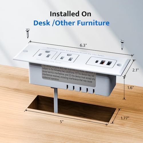 DOACE Space-Saving Recessed Power Strip with USB-C Fast Charging – Dual AC Outlets & Three USB Ports, 6 ft Cord for Effortless Connectivity in Home & Conference Settings – Clutter-Free, Efficient Power Solution for Modern Workspaces