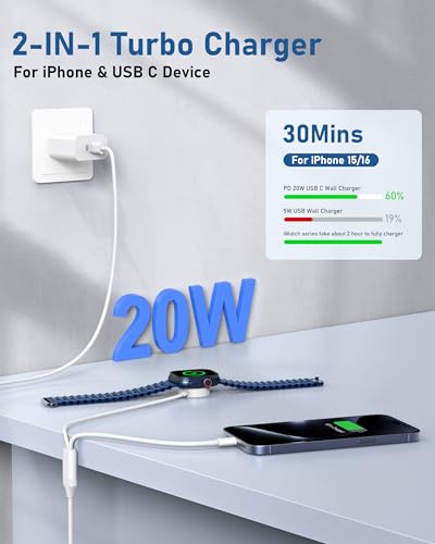 Ultimate 2-in-1 USB-C Charging Station for Apple Watch and i Phone – 6 FT Fast Charging Cable with 20 W Power Adapter – Perfectly Designed for Apple Watch Series Ultra/SE/10/9/8/7/6/5/4/3/2 and i Phone 16/15 – Enhanced Compatibility, Rapid Charge Efficiency, and Compact Design for Effortless Portability and Organization