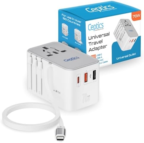 Universal Travel Power Adapter with 45 W PD Retractable USB-C Cable – Ultimate Multi-Device Charger for Global Use – Compatible with Laptops, Smartphones & Cameras – Essential Travel Accessory for US, EU & UK Adventures – Compact Design for Hassle-Free Charging