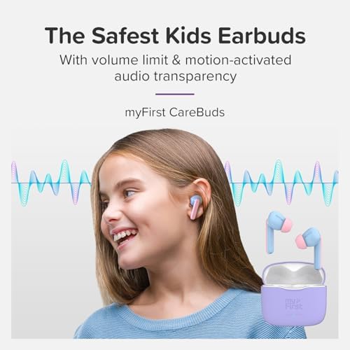 My First Carebuds Cotton Candy Kids Earbuds – Safe True Wireless Bluetooth Ear Pods with 85 d B Volume Limiting, Built-in Microphone, USB-C Charging Case, 6 Comfortable Ear Tips, 6 Hours Playtime, Effortless Device Pairing for Children and Adults – Fun and Functional Audio Solution