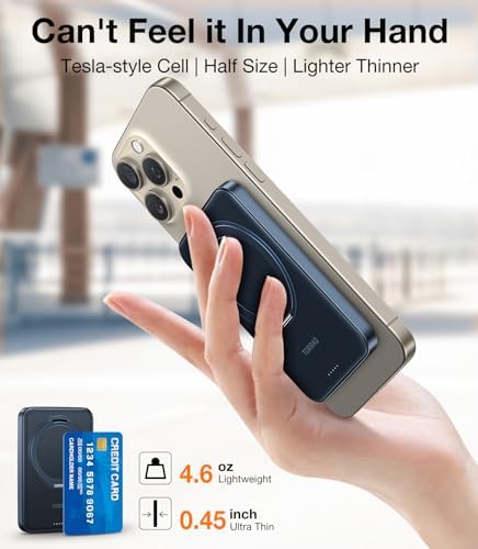 TORRAS 5,000 m Ah Magnetic Power Bank with Integrated Stand – Ultra-Slim Wireless Charger for i Phone 15 Series & Samsung Galaxy S24 Ultra – Fast Charging Convenience for On-the-Go Power Needs – Lightweight & Durable Design for Effortless Portability