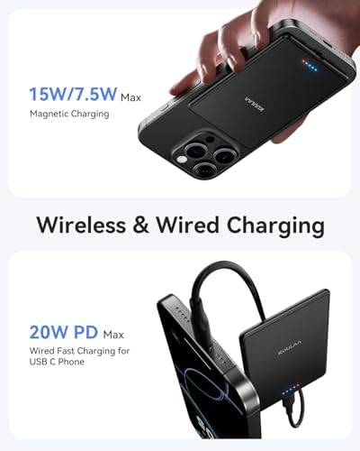 Ultra-Slim Kuulaa 10000 m Ah Mag Safe Power Bank – Fast Wireless Charger for i Phone 16/15/14/13/12 Series – Effortless Magnetic Alignment for On-the-Go Charging – High-Capacity Portable Battery Pack with LED Status Indicator