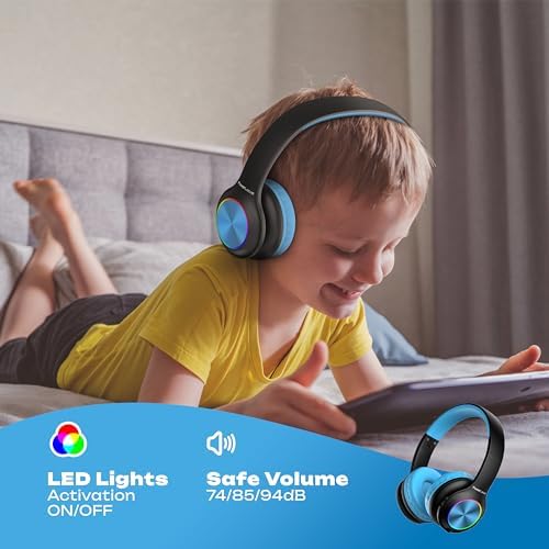 Vibrant Power Locus PLED Kids Bluetooth Headphones – Safe Volume Control (74/85/94 d B), Fun LED Lights, Hi-Fi Sound, Built-in Microphone & Multi-Connectivity for Travel, Learning & Play – Perfect Over-Ear Design for Children