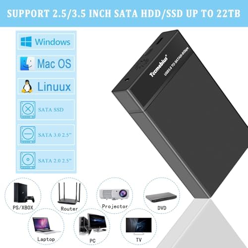 Maximize Your Data Storage with the TCC-S8 External Hard Drive Enclosure: USB 3.0 Docking Station for 2.5 & 3.5-Inch SATA HDDs and SSDs, Accommodating Up to 22 TB with 12 V/3 A Power Supply, USB A/C Cable Included, UASP Super Speed Support, Energy-Saving Automatic Sleep Feature for Enhanced Longevity and Performance