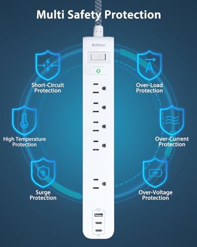 6 Ft Surge Protector Power Strip with 5 AC Outlets & 2 USB-C Ports – Space-Saving Flat Extension Cord for College Dorms & Home Office – Reliable Desktop Charging Station in Sleek White Design – Enhanced Surge Protection for Optimal Device Safety