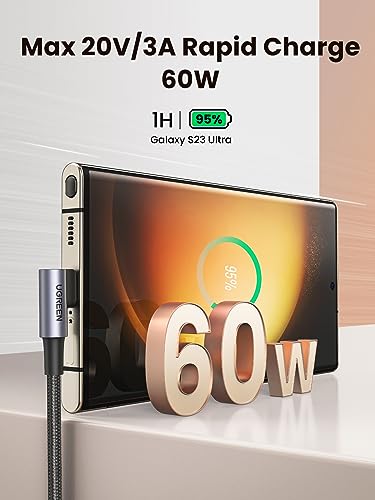 UGREEN 90-Degree Right Angle USB C Cable – 60 W Fast Charging & Data Transfer – 6.6 FT Compatible with i Phone 16/16 Plus/16 Pro/15, Mac Book Pro, i Pad Pro, Samsung Galaxy S24/S23, Google Pixel 8/7 – Optimal Durability & Convenience for Multitasking Users