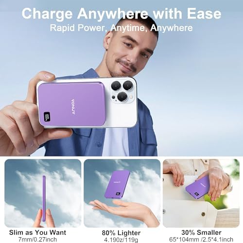 Ultra-Slim Magnetic Wireless Power Bank 5000 m Ah – 15 W Fast Charger for i Phone 16/15/14/13/12 Series – Sleek Metallic Design with USB-C Charging Cable – Enhanced Safety Features for Reliable On-the-Go Power