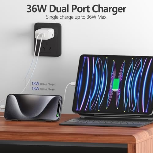 36 W Ga N Dual Port USB C Fast Charger with Two 6 FT Cables for i Phone 15 & i Pad Pro – Rapid Power Delivery for Dual Device Charging – Compact, Travel-Friendly Design – Maximize Your Charging Efficiency Anytime, Anywhere