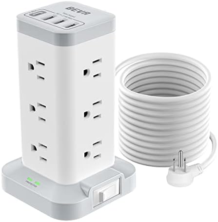 Maximize Workspace Efficiency with the BEVA Surge Protector Power Strip Tower – 12 AC Outlets & 4 Fast-Charging USB Ports, 6.5 FT Extension Cord for Optimal Device Organization and Safety in Office and Home Settings