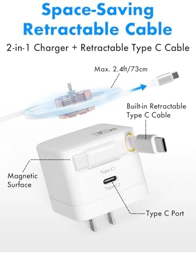Portable USB C Retractable Charger – 35 W Ga N Fast Charging Adapter with Type C Cable for i Phone 16/15 Pro Max, i Pad, Galaxy, and Pixel – Compact Foldable Wall Charger for Effortless Travel and Enhanced Device Compatibility