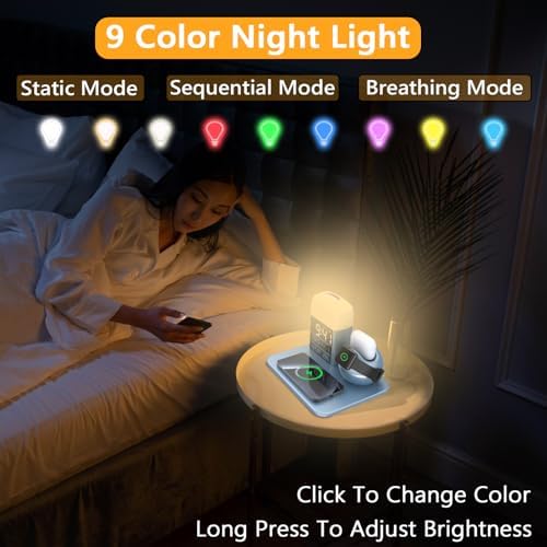 Ultimate 9-in-1 Wireless Charging Station with Integrated Alarm Clock and Night Light – Fast Qi-Certified Docking Solution for Apple Devices with 30 W Ga N Charger and USB Port – Stylish Blue Design for Clutter-Free Bedside Charging