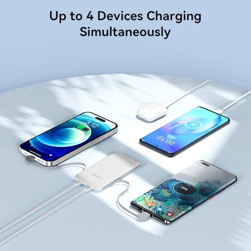 Mini 5000 m Ah Portable Power Bank with Integrated Cables and AC Plug – USB-C Fast Charging for i Phone & Android Devices – Ultra-Compact External Battery for On-the-Go Lifestyle – Essential Tech Accessory for Seamless Connectivity