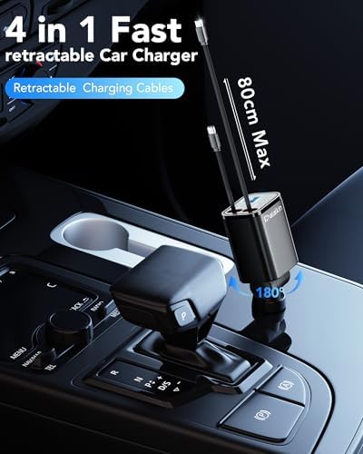 2025 Ultra-Compact 4-in-1 Retractable Car Charger – 69 W Fast Charging Adapter for i Phone 16, Galaxy and More – Innovative Space-Saving Design with Multiple Ports for Simultaneous Device Powering – Essential Car Accessory for Daily Commutes and Road Trips
