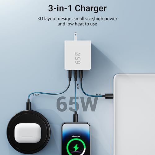65 W USB C Wall Charger – Compact 3-Port Fast Charging Station for Mac Book Pro, i Pad Pro, Galaxy S23 & i Phone 15 – Foldable Travel Design with Universal Compatibility & Enhanced Safety Features for Optimal Device Performance