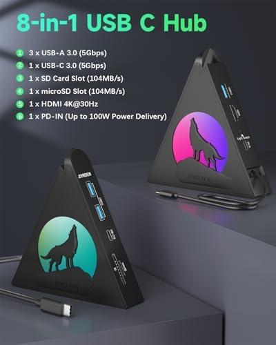 Experience Unmatched Connectivity with the 8-in-1 USB C Hub Multiport Adapter – 4 K HDMI Output, 100 W Power Delivery, and Vibrant RGB Lighting for Mac Book, Surface & i Mac – Effortless File Transfers with USB-A 3.0, USB-C, and SD Card Reader – Your Go-To Accessory for Enhanced Productivity and Seamless Device Integration