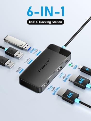 Elevate Your Productivity with the Lemorele 6-in-1 Dual Monitor Docking Station – Ultimate USB C Hub Adapter Featuring Dual 4 K HDMI, Lightning-Fast 5 Gbps USB 3.0 Ports, and 100 W Power Delivery for Laptops like Dell, Lenovo, HP, Mac Book, and Surface – Effortless Plug and Play Connectivity for a Streamlined Workspace Experience