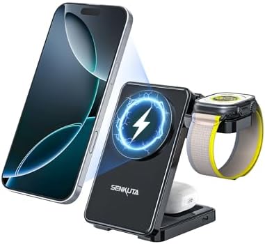 3-in-1 Magnetic Wireless Charging Station for Apple Devices – Fast Travel Charger for i Phone 12-16, Apple Watch Ultra 5/4/3, and Air Pods Pro/3/2 – Compact & Foldable Design for Efficient, Safe Charging with 18 W Adapter – Perfect for Home, Office, or Travel – Enhanced Compatibility and User-Friendly Features