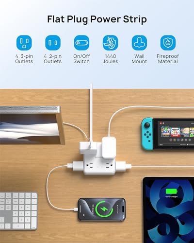 TROND 360° Rotating Plug Power Strip with 5 FT Flat Cord – 4 AC Outlets & 4 USB Ports (2 USB-C) – Wall Mount Surge Protector with 1440 Joules Safety Rating – Ultimate Travel & Home Charging Solution for Electronics and Devices