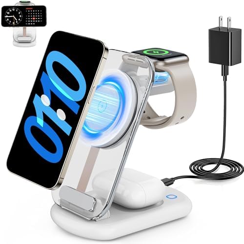 2025 Magnetic 3-in-1 Wireless Charging Station for i Phones, Apple Watches, and Air Pods – Fast Travel Charger with Integrated Light Indicator – Compact Design for Ultimate Portability – Perfect Gift for Tech-Savvy Couples – Compatible with i Phone 16, 15, 14, 13, 12 Pro Max Plus, Air Pods 4, 3, 2, Pro and Apple Watch Series – Enhance Your Charging Experience with Rapid Power-Up Technology