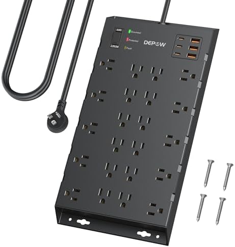 Ultra-Safe Surge Protector Power Strip with 22 Outlets, 6 USB Ports (3 USB-C) and 6.5 FT Flat Plug Cord – 2100 J Protection for Home, Office & Gaming – Wall Mountable, Enhanced Power Management Solution in Sleek Black