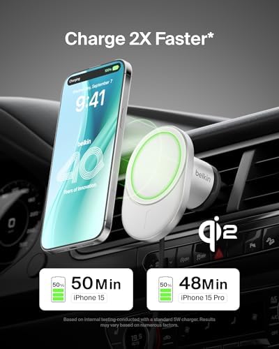 Effortless On-the-Go Charging: Belkin 15 W Magnetic Wireless Car Charger – Qi2-Certified, Mag Safe-Compatible Vent Mount for i Phone 12-16 & Samsung Galaxy S25 – Sleek Gray Design for Enhanced Device Stability and Fast Power Delivery
