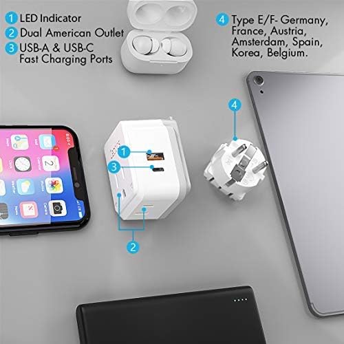 Compact Travel Power Adapter Set for Brazil, Peru & Chile – 20 W Dual USB & USB-C Charger with 2 USA Sockets – Fast Charging with Type C & N Attachments – Portable Plug Converter for Global Travelers – Stay Connected Anywhere