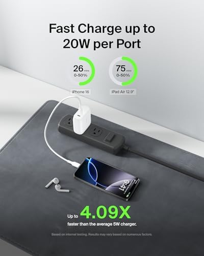 Belkin 40 W Dual Port USB-C Fast Charger Block – Rapid Charging for i Phone 16, 15, 14, 13, Pro, Samsung Galaxy S25, Pixel, i Pad, Air Pods & Nintendo Switch 2 – Compact, Lightweight, Enhanced Safety Design – Perfect for Home or Travel Charging Solutions