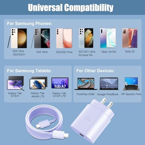 Elevate Your Charging Experience: 25 W USB C Fast Charge Block with 10 Ft Type C Cable for Samsung Galaxy S21-S24 & Note 20 – Optimal Power Delivery for Home and Travel – Exceptional Speed, Enhanced Safety Features, and Ultimate Compatibility for Android Devices