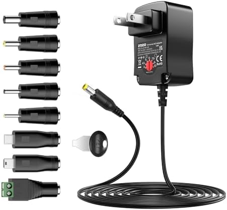 Universal 12 W AC/DC Power Supply Adapter with 8 Interchangeable Tips – Versatile Multi-Voltage Charger for Routers, CCTV, LED Strips, and More – Adjustable 3 V-12 V Output for Optimal Device Compatibility and Performance
