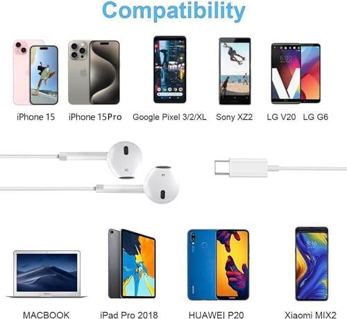 USB-C Wired Earbuds for i Phone 16/15 & Galaxy S22/S21/S20 – Premium Noise-Cancelling Headphones with Built-in Microphone and Ergonomic Design – Tangle-Free Comfort for Enhanced Sound Quality & Versatile Device Compatibility