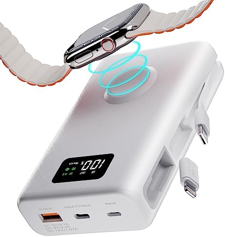 pzoz 20000 m Ah Ultra-Portable Power Bank with Magnetic Wireless Charger for Apple Watch – Rapid USB Type C PD Travel Charger for i Phone 15/16 and More – High-Capacity Battery Pack for On-the-Go Charging Solutions – Sleek, Durable Design with LED Indicators for Smart Charging Management