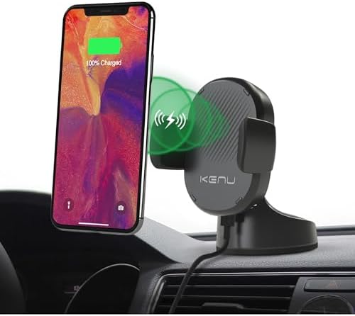 Kenu Airbase Wireless Car Phone Mount & Charger – Versatile Qi Fast-Charging Holder for Dashboard, Windshield, and Desk – 360-Degree Pivot & Secure Suction Cup Design for i Phones, Samsung, and Android Devices – Effortless One-Handed Use for Safer Driving