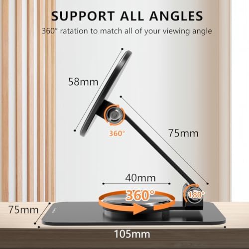Magnetic Phone Stand Compatible with MagSafe for iphone16, Phone Stand for Desk with 360°Rotation Base, Adjustable Height to 6.1 inch, Compatible for MagSafe Case and iPhone 16/15/14/13/12 – Enhanced Compatibility and Speed