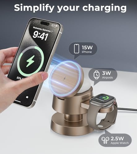 Sleek 4-in-1 Wireless Charging Station with Night Lamp – Fast Aluminum Alloy Charger Dock for i Phone 16/15/14/13/12, Apple Watch & Air Pods – Multi-Device Convenience in Stylish Grey Finish – Ideal for Decluttering Nightstands and Workspaces