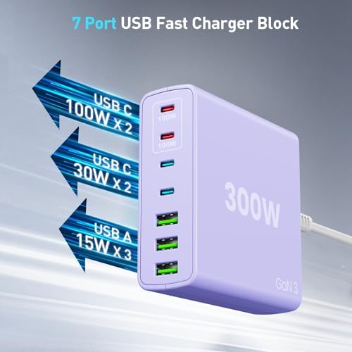 Power Up Efficiently: 300 W 7-Port USB-C Fast Charger Station – Dual PPS PD 100 W Laptop Power Adapter for Multi-Device Charging – Compact & Reliable Wall Hub in Blue – Perfect for Home & Office Use