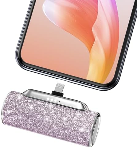 Sleek Shiny Pink Mini Power Bank with Built-in Lightning Connector – 4500 m Ah Compact Charger for i Phone 14/13/12/11/XR/8/SE Series – Stylish Glitter Battery Pack for Effortless On-the-Go Charging and Enhanced Compatibility