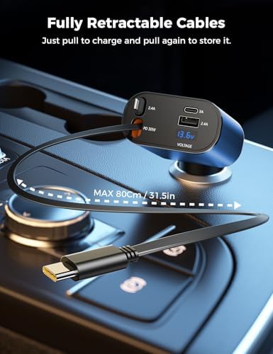 Introducing the SUPERONE 4-in-1 Retractable Fast Car Charger: Ultimate On-the-Go Charging Solution for i Phone, Galaxy & Pixel Devices – Featuring 2.6 ft Tangle-Free Cord, Enhanced USB C & Apple Compatibility, and Sleek Design for Effortless Portability. Experience lightning-fast charging to keep your devices powered during road trips or daily commutes, ensuring you’re always connected. This innovative retractable charger is engineered for maximum efficiency, accommodating a wide range of smartphones including i Phone 16, 15/15 Pro Max, 14, 13, 12, 11 and popular Galaxy and Pixel models. With its compact construction and high-quality materials, this charger not only enhances your charging experience but also withstands everyday wear and tear. Elevate your mobile charging with the SUPERONE car charger – where convenience meets cutting-edge technology for busy professionals and families on the move.