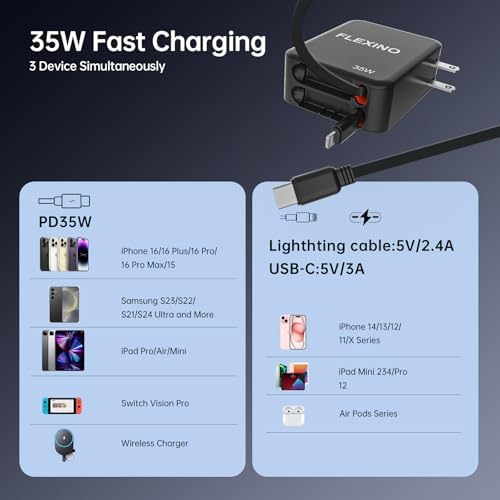 FLEXINO 35 W Ultra-Fast 3-Port Retractable Wall Charger – Essential Charging Hub for i Phone 12/13/14/15/16 Series with Dual 2.6 ft Cords – Compact, Portable, and Safe Power Solution for Home and On-the-Go Use – Experience Hassle-Free Charging Anywhere