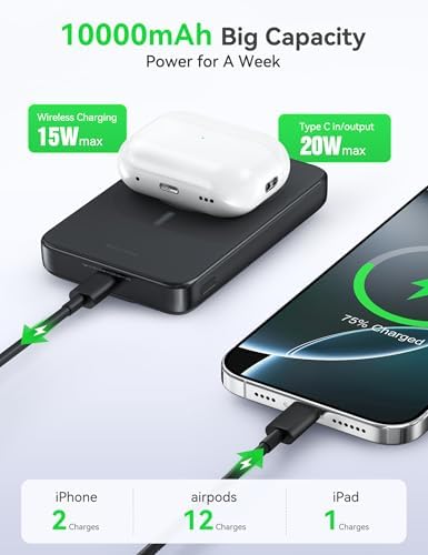 Mag Safe 10,000 m Ah Power Bank with Foldable Stand – RORRY Qi2 Fast Charging Portable Charger for i Phone 16/15/14 – Magnetic Wireless Charging, 20 W Output, Sleek Design for On-the-Go Convenience