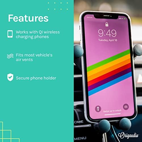 Enhance Your Daily Commute with the Origaudio Gravitis Wireless Car Charger – Fast Qi Charging Vent Mount for Ultimate Smartphone Convenience – Secure Fit for Navigating on the Move – 2-3 Hour Charge Duration – Effortless One-Handed Operation for Busy Lifestyles – Ideal for Reliable Hands-Free Navigation and Swift Power Solutions