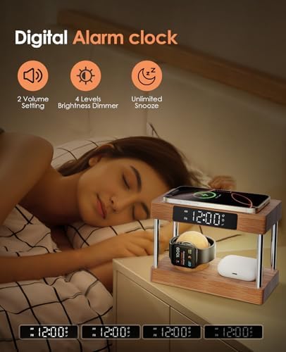Eco-Friendly Bamboo Wireless Charging Station with Alarm Clock – Multi-Device Bedside Charger for i Phone, Air Pods & i Watch – Fast Charging & Adjustable Night Light – Perfect Gift for Him or Her