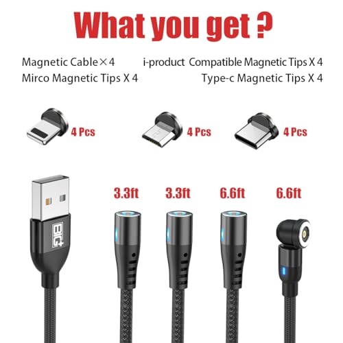 Ultimate 4-Pack Magnetic Charging Cable Set – 3-in-1 Versatility with 360° Connectivity, LED Indicator, and Durable Nylon Braiding for Fast Charging of i-Products & Android Devices – Perfect Lengths (6.6 ft x2, 3.3 ft x2) for Home, Office, and Travel Use
