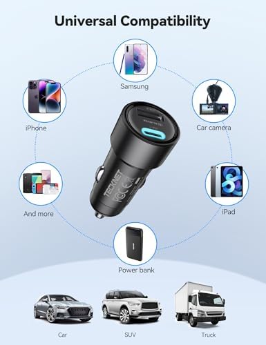 TECKNET 48 W Dual-Port USB-C Car Charger – Ultimate Fast Charging Solution for i Phone 16/15/14/13 & Samsung Galaxy – Advanced Power Delivery & Quick Charge 3.0 Technology – Compact & Durable Automotive Accessory for Effortless On-the-Go Power Management – Essential for Road Warriors and Daily Commuters