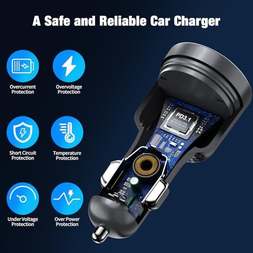 Power Up on the Road: 140 W USB C Car Charger with PD3.1 & PPS Technology for Super Fast Charging, Compatible with i Phone 16 Pro Max, Mac Book Pro/Air, Samsung S25, and Drones – Includes 100 W E-Mark Cord for Ultimate Safety and Efficiency