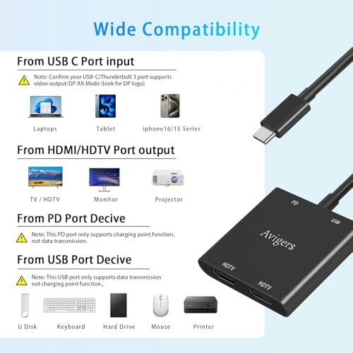 Elevate Your Setup with the Avigers USB C to Dual HDMI Adapter – 4 in 1 Multi-Display Hub for Seamless 4 K Productivity and Gaming, Features 2 HDMI Outputs, PD Charging Port, and USB 3.0 for Lightning-Fast Data Transfer – Lightweight, Portable Design for On-the-Go Professionals and Gamers