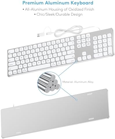 Sleek Aluminum USB Wired Keyboard with Numeric Keypad for Mac & PC – Effortless Data Entry, Plug-and-Play Convenience, and Enhanced Durability for Ultimate Typing Comfort