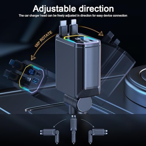 Revolutionary 4-in-1 Retractable Car Charger – 146 W Fast Charging Solution with PD 65 W & 30 W Outputs, 2.9 ft Tangle-Free Cord, RGB Light for Enhanced Visibility, Perfect Compatibility for i Phone 16/15/14/13/12, Android Devices & Laptops – Sleek Gray Design for Modern Vehicles